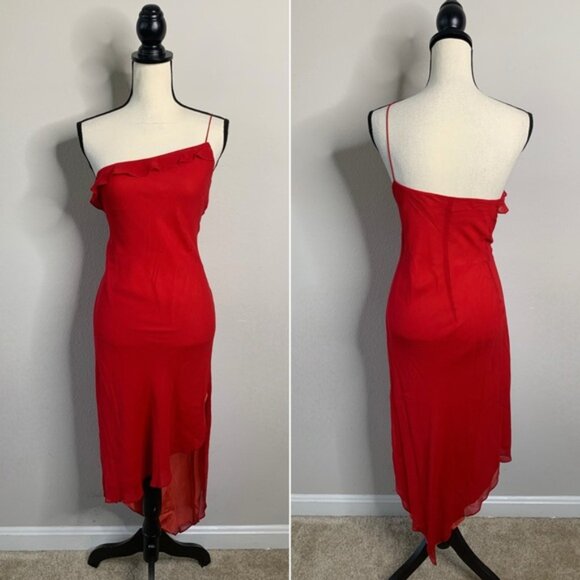 Express Red Silk One Shoulder Asymmetrical Cocktail Midi Dress - Picture 13 of 14